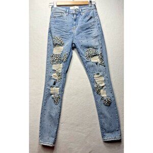 Topshop Moto Jamie Gemstone Women's Super Rip Mom Blue Jeans W28 L30 Stretch
